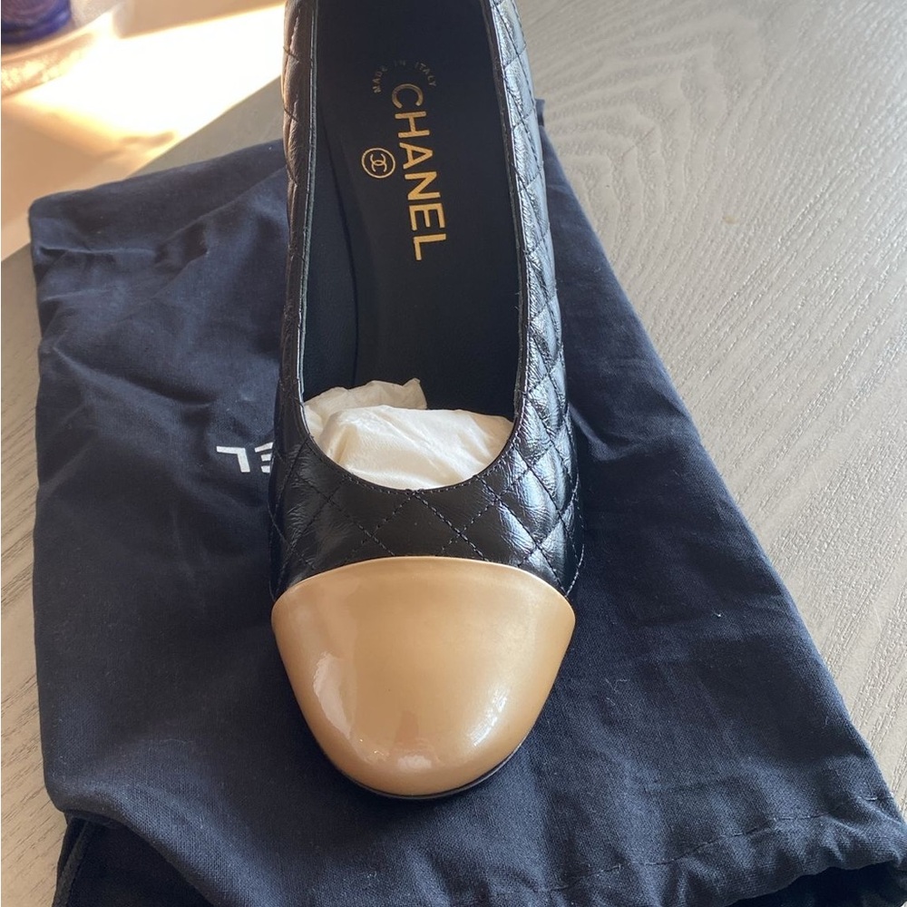 Chanel Black Quilted Heels with Tan Toe Cap